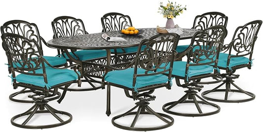 9-Piece Patio Dining Set, Outdoor Patio Table and Chair Set of 84” Oval Cast Aluminum Dining Table with Umbrella Hole, 8 Patio Dining Swivel Chairs Padded, Patio Funiture Set, Blue