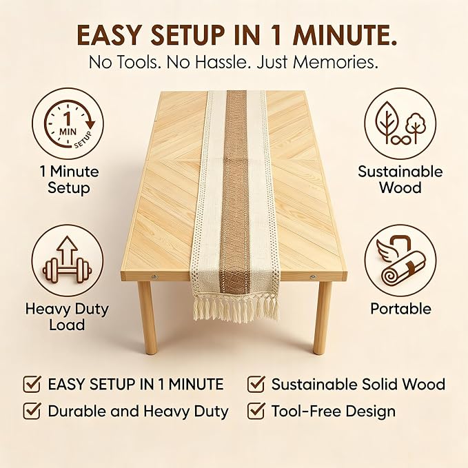 60" x 30" Foldable Wooden Picnic Table, Natural Solid Wood Table | Portable with Carry Handle, Tool-Free Assembly, For Beach, Camping, Living Room, Includes Table Runner
