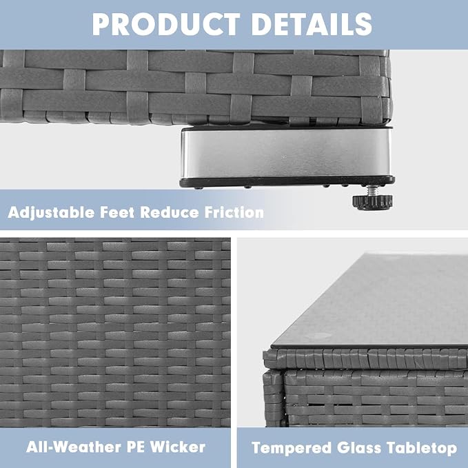 Betterland 7 Piece Outdoor Sectional Sofa Patio Furniture Set, All-Weather PE Grey Wicker Patio Conversation Set with Washable Cushion, Glass Table and Waterproof Cover(Grey Cushions)
