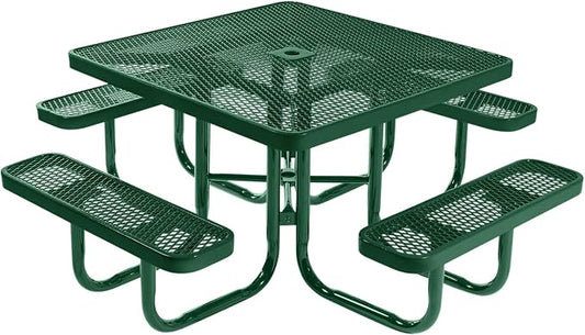 COATEDOUTDOORFURNITURE Heavy-Duty Portable Outdoor Picnic Table with Umbrella Hole, Expanded Metal Commercial-Grade Patio Furniture Made in America (46" Square Top, Green with Green Frames)
