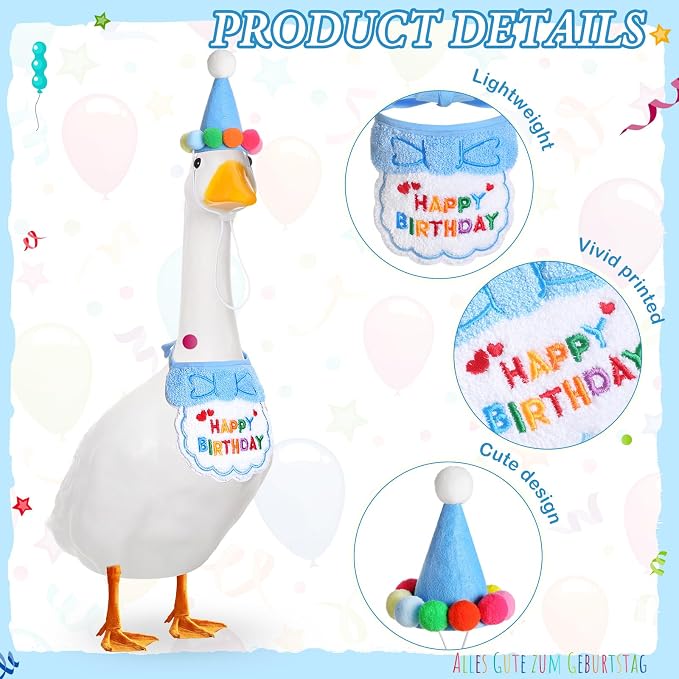 Abbylike Happy Birthday Goose Outfit Lawn Porch Goose Outfits with Party Hat Bandana for 23" 17" Cement Plastic Duck Decor(Blue)
