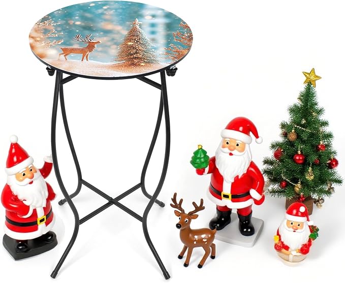 21 Inch Tall Metal Side Table, Unique Christmas Tabletop with Metal Frame, Round End Bedside Table Accent Table for Bedroom Patio Yard Porch Balcony Garden