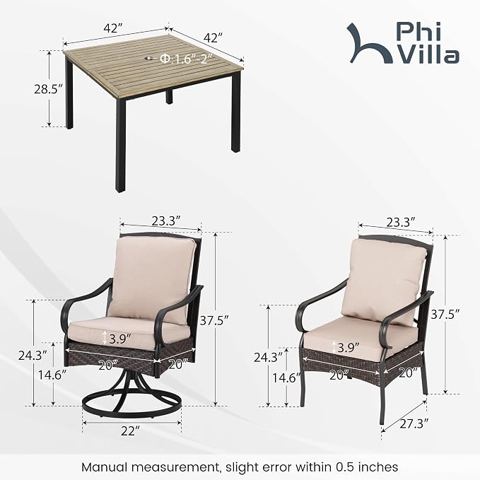 PHI VILLA 7-Piece Outdoor Dining Set, Heavy Duty Patio Table and Chairs Set with Umbrella Hole for 6, 64" Rectangular Patio Woodgrain Metal Table & Wicker Metal Chairs with Cushions, 2 Swivel