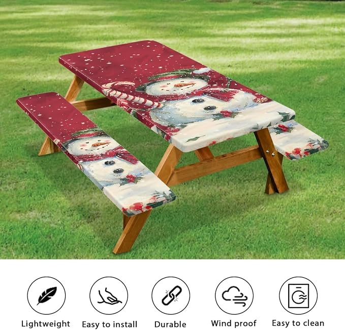 Snowman Picnic Table Cover with Bench Covers, Beach Waterproof Christmas Outdoor Table Cover, Picnic Table Covers with Elastic Suitable for Xmas Decoration