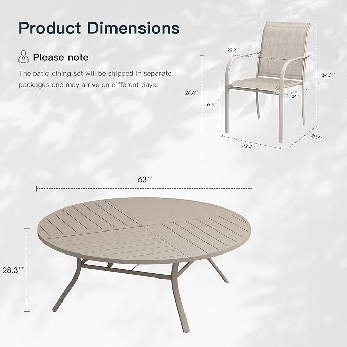 VICLLAX 11 Pieces Patio Outdoor Dining Set, 63" Round Metal Table with Umbrella Hole and 10 Stackable Textilene Chairs for Patio, Lawn, Garden, Porch, Sandshell
