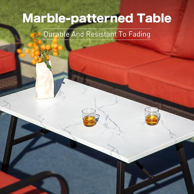 SUNSHINE VALLEY 5 Piece Metal Outdoor Patio Furniture Set, Patio Conversation Set with 3-Seater Sofa, Loveseat, 2 Rocking Sofa (5.75" Thick Cushion) & Coffee Table Black Backyard Furniture, Rust Red