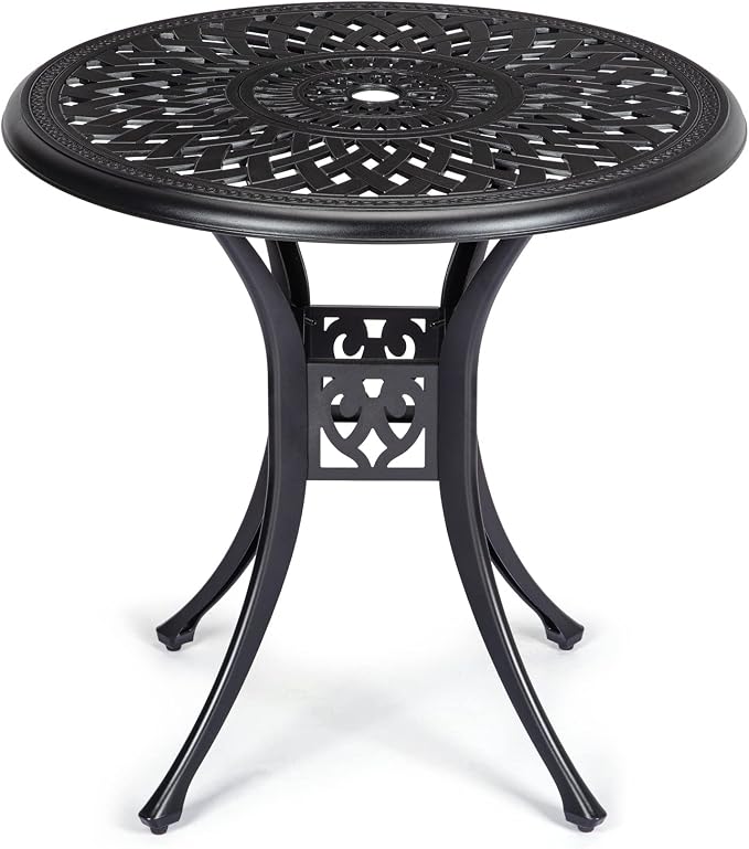 30.25" Round Cast Aluminum Patio Bistro Table, Bistro Table with Umbrella Hole, Outdoor Side Table, for Porch, Backyard, Garden, Balcony, Black