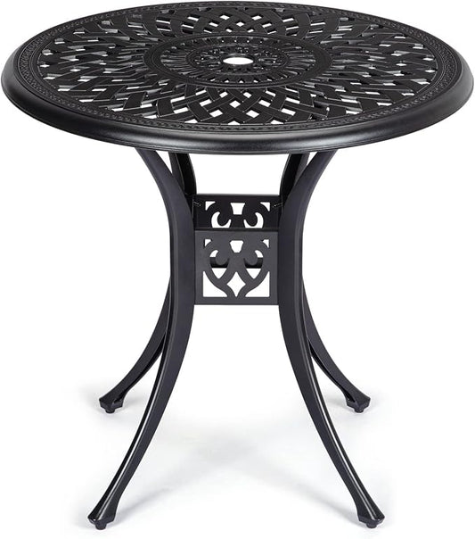 30.25" Round Cast Aluminum Patio Bistro Table, Bistro Table with Umbrella Hole, Outdoor Side Table, for Porch, Backyard, Garden, Balcony, Black