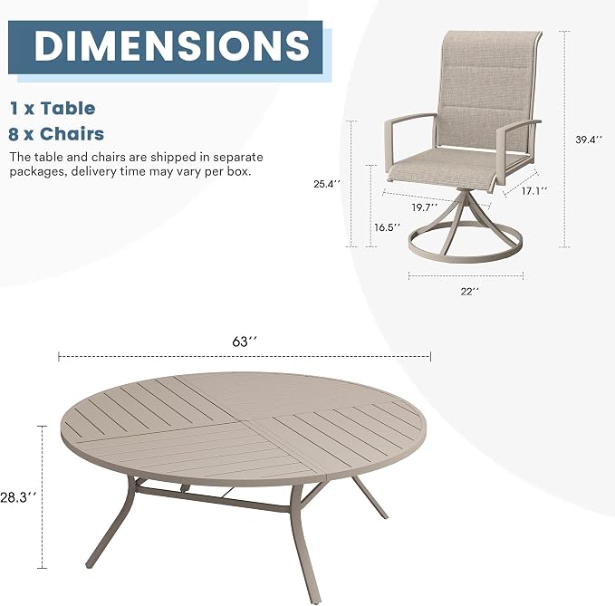 DIFY 9 Piece Outdoor Dining Set, Metal Patio Table and Chairs Set, 63" Round Dining Table & 8 Padded Textilene Swivel Patio Chairs, Outdoor Furniture Set for Garden Backyard Porch, Sandshell