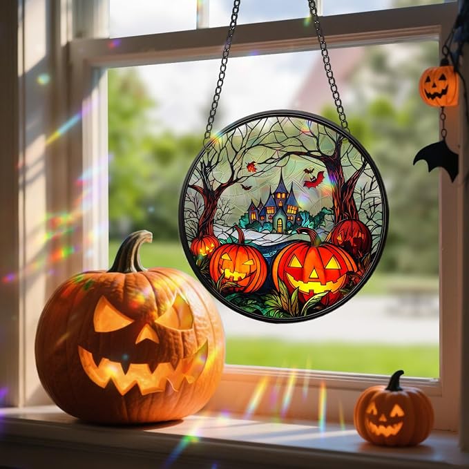 Acrylic Halloween Sun Catcher - 7.87 Inch Pumpkin Round Suncatcher for Window Hanging Decoration - Creates Indoor Rainbows Light Refraction - Spooky Ghost, Witch, Pumpkin Design