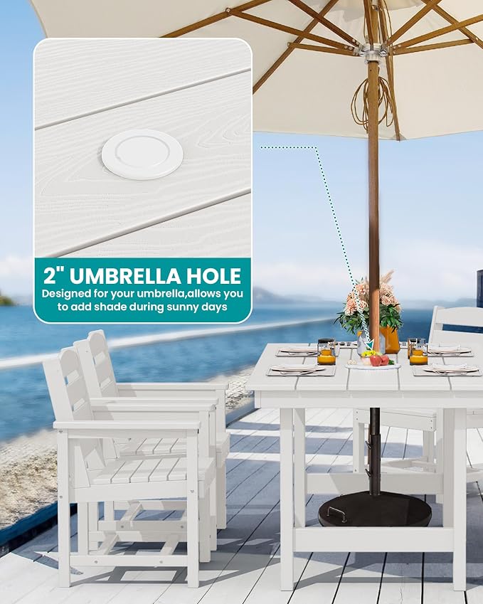 SERWALL 5 Pcs HDPE Patio Dining Set w/Umbrella Hole Table & 4 Chairs, White | HDPE Outdoor Dining Set with Rectangular Table & 4 Chairs, All-Weather Patio Dining Furniture