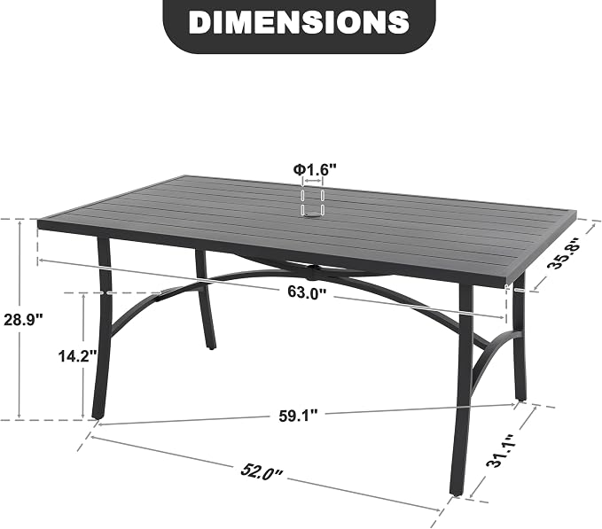 NUU GARDEN 63" x 36" Patio Table for 6 People, Outdoor Patio Dining Table with 1.60" Umbrella Hole, Aluminum Tabletop and Sturdy Frame Perfect for Lawn Backyard Garden, Black