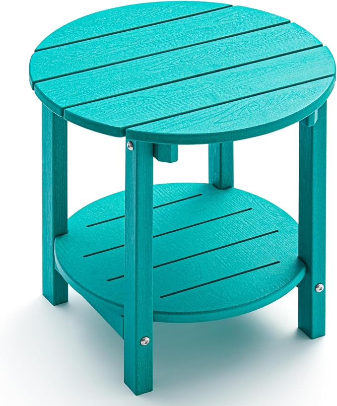 Outdoor Side Table, Adirondack Round 2-Tier Patio Table, Easy Maintenance & Weather Resistant, HDPE End Table for Backyard, Pool, Patio, Porch, Turquoise