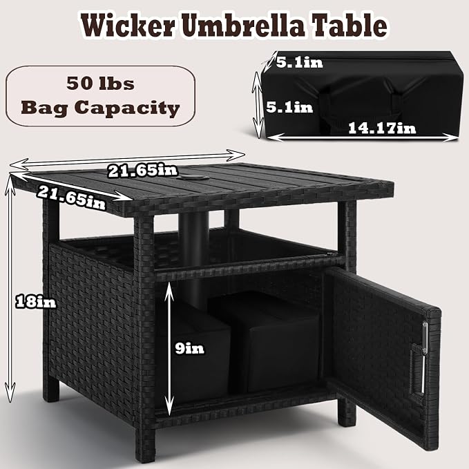 Outdoor Patio Umbrella Side Table with Umbrella Hole Small Wicker Coffee Table with Storage & 2 Weight Bags for Outside End Tables with Poly Lumber Top for Pool Deck Backyard Black