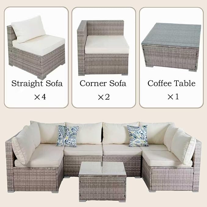 7 Piece Patio Furniture Sets, Rattan Conversation Sectional Set with Glass Table Outdoor Patio Sofa with Thick, Washable Cushions, for the Backyard, Poolside, Garden (Gray-Beige)