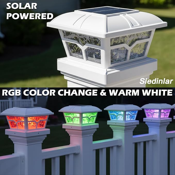 SIEDiNLAR Solar Post Cap Lights Outdoor 2 Color Modes LED for 4x4 5x5 6x6 Wooden Vinyl Posts Fence Patio Deck Decoration RGB Color Changing & Warm White Lighting White (6 Pack)