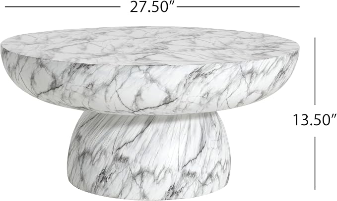 Christopher Knight Home Patsy Modern Lightweight Concrete Coffee Table, Indoor and Outdoor Round Top Accent Table, MGO Sofa End Table with Pedestal Base, No Assembly Needed, White Marble Finish