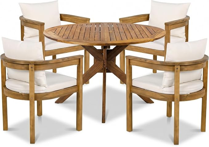 Christopher Knight Home Abact Acacia Wood Patio Dining Set for 4, Solid Wood Outdoor Dining Table Set for 4, Round Dining Table and Chairs Set of 4 with Cushion, Teak+Beige