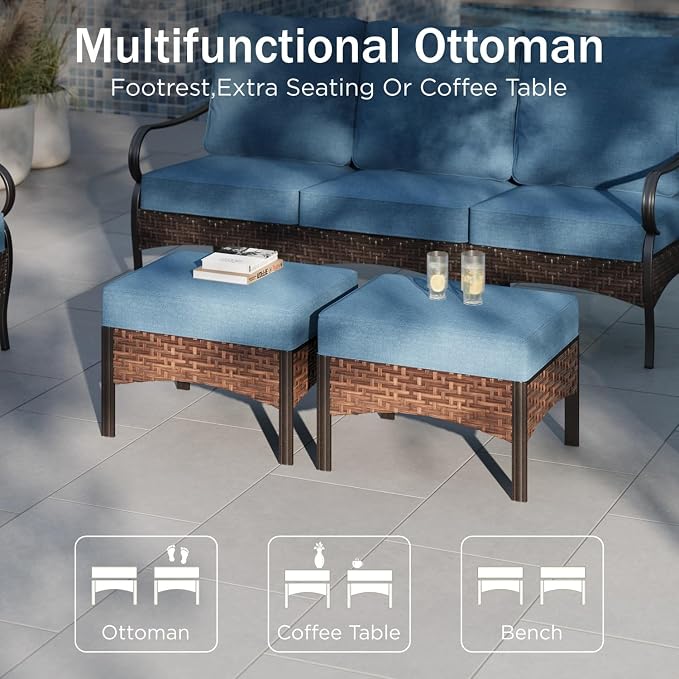 PHI VILLA Patio Furniture Set with 56" Fire Pit Table, Metal Frame Outdoor Conversation Sets, Wicker Patio Sectional Swivel Chairs with Ottomans for Porch, Deck, Poolside(6 Pieces, Navy)