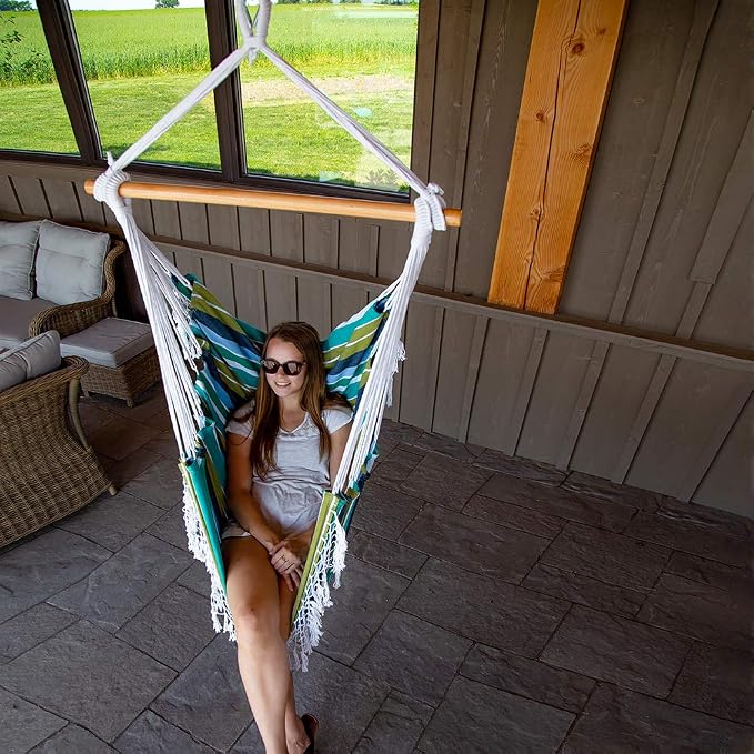 Vivere Cotton Hammock Chair with Hardwood Spreader Bar - 250 lb Capacity (Cayo Reef)