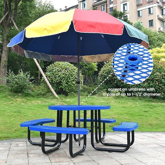 46" Round Commercial Picnic Table for 4-8 Person, Heavy Duty Metal Outdoor Picnic Table with Umbrella Hole for Coffee Shop, School, Hospital, Easy to Install, Blue
