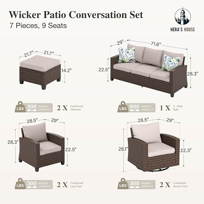 HERA'S HOUSE Swivel Glider Patio Furniture Set, 7 Pieces Wicker Outdoor Seating Furniture, Patio Conversation Sofa Sets for Lawn Backyard Deck, Beige