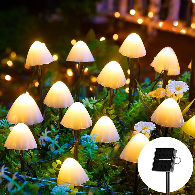Solar Mushroom Garden Lights for Outside, 20 LED 32.8FT Solar Pathway Lights Outdoor Waterproof for Fence with 8 Lighting Modes for Patio Yard Decorative | 33FT Solar Pathway Lights with 8 Lighting Modes & Waterproof for Garden Fence Patio Yard Christm...