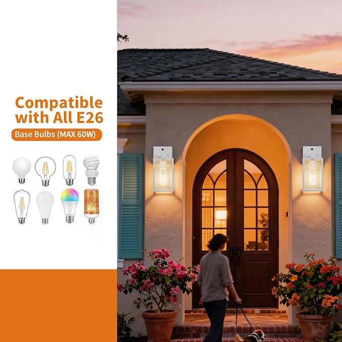White Dusk to Dawn Outdoor Porch Lighting Fixtures Wall Mount, Sensor Exterior Wall Light for House, Ouside Lantern Lamp, Waterproof Wall Sconce Lights, Metal Coach Light for Garage Entryway