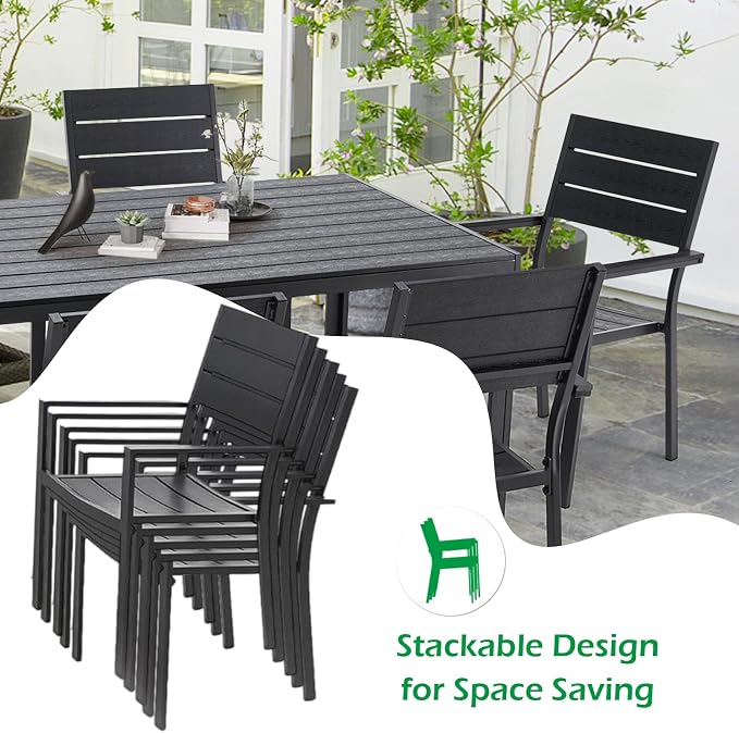 AECOJOY 7 Piece Outdoor Dining Set, 60" x 36" Aluminum Patio Table and Chairs Set for 6 with Rectangular Table and Stackable Chairs for Garden, Backyard, Black