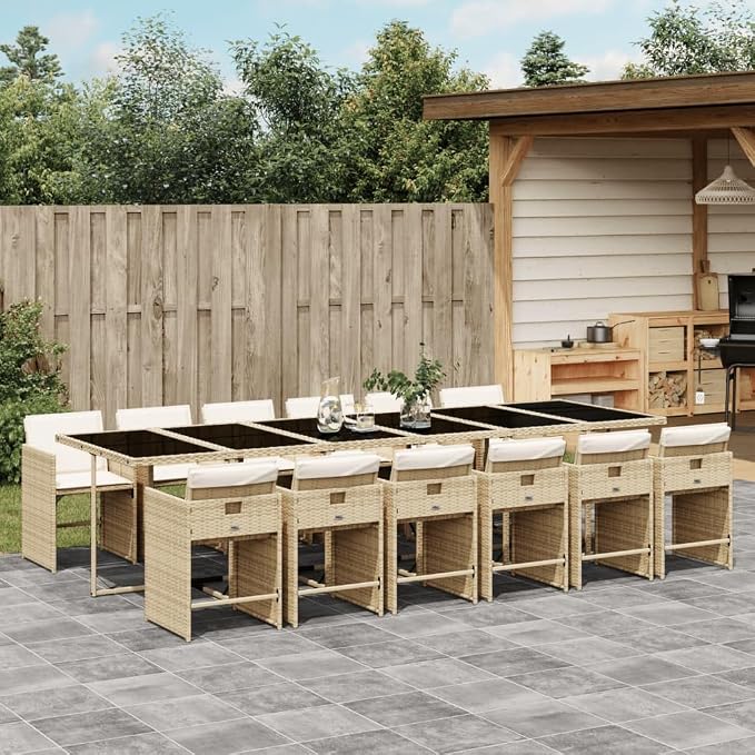 13-Piece Outdoor Patio Dining Set with Cream Cushions Beige PE Rattan Furniture Table and 12 Chairs for Backyard Garden Balcony