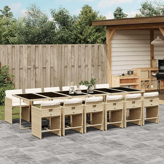 13-Piece Outdoor Patio Dining Set with Cream Cushions Beige PE Rattan Furniture Table and 12 Chairs for Backyard Garden Balcony
