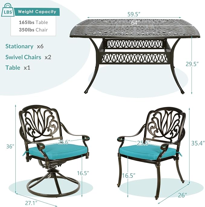 MEETWARM 9-Piece Outdoor Patio Dining Set for 8, All Weather Cast Aluminum Patio Funiture Table and Chairs Set- Large 64" Square Table, 2 Swivel Rocker Chairs, 6 Stationary, Umbrella Hole, Ocean Blue