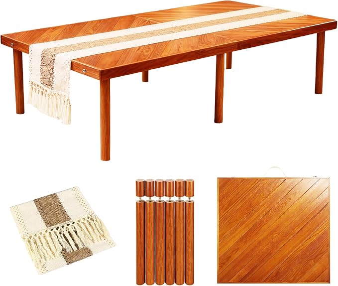 Adjustable Picnic Table with Table Runner, 60*30in Wooden Folding Picnic Table for Outdoors, Boho Low Coffee Table for Sitting on the Floor, Suitable for Beach, Park, Garden, Camping, Travel