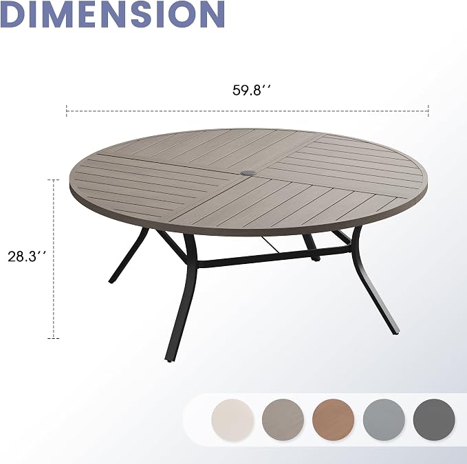 VICLLAX 60" Round Outdoor Table, Patio Dining Table for 8-10 with Umbrella Hole for Garden Lawn Deck Backyard, Antique Grey
