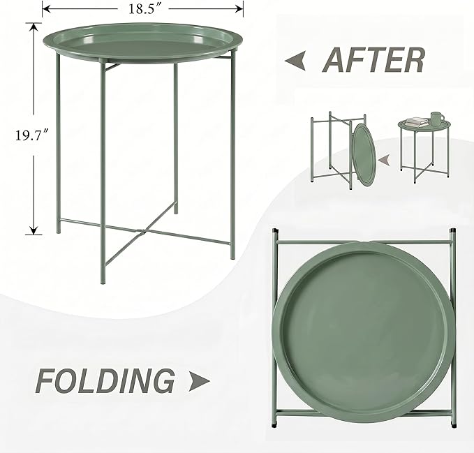 VECELO Side/End Table, Folding Round Metal Anti-Rust and Waterproof Outdoor or Indoor Tray for Living Room Bedroom Balcony and Office, 2 PCS, Dark Green