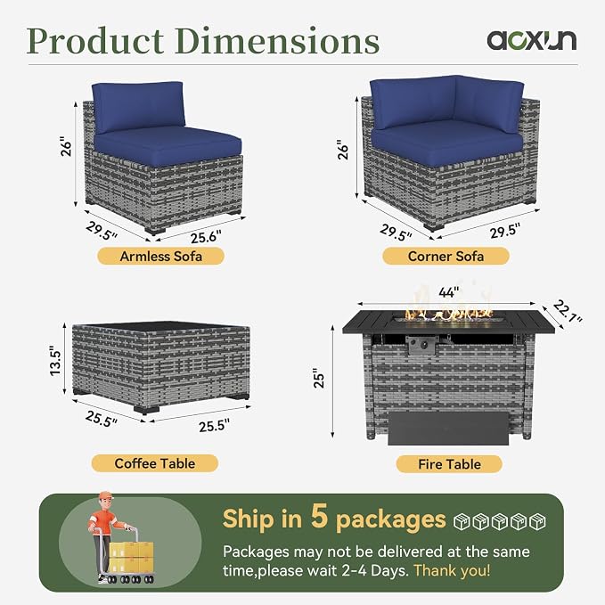 Aoxun 15 Piece Patio Furniture Set with 44” Fire Pit Table Wicker Rattan Outdoor Sectional Sofa Set with Coffee Table and Thickened Cushions, Grey/Blue