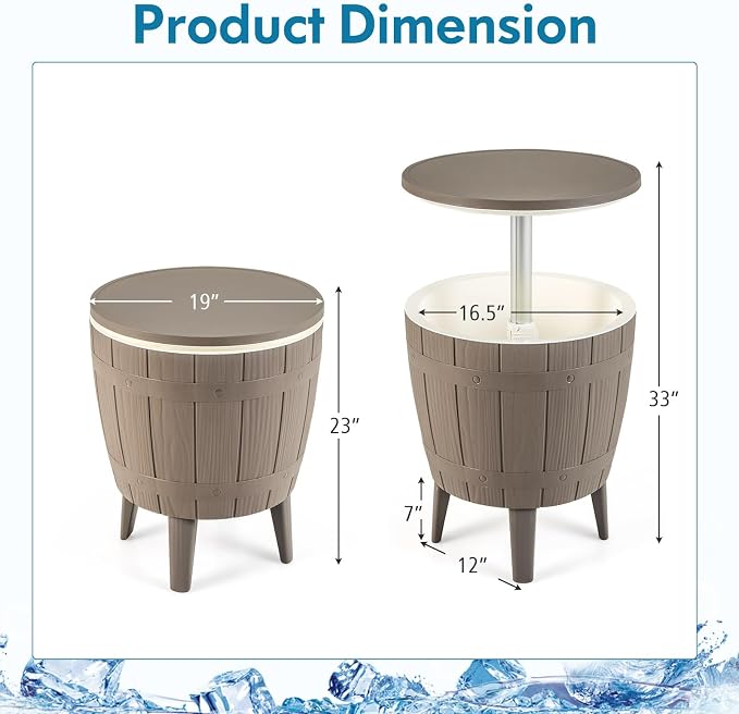 Tangkula 10 Gallon Cooler Bar Table, Outdoor Cooler Side Table w/Telescopic Tabletop, 3-in-1 Coffee Table Ice Bucket for Beer & Wine, All-Weather Cocktail Table for Backyard, Party, Poolside