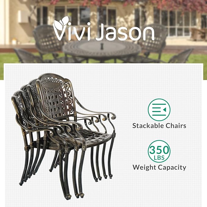 VIVIJASON 5-Piece Patio Furniture Dining Set, All-Weather Cast Aluminum Outdoor Conversation Set, Include 4 Cushioned Chairs and a 35.4" Round Table w/Umbrella Hole, Ocean Blue Cushion