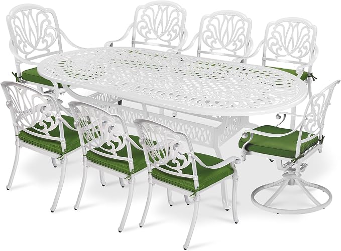 VIVIJASON 9-Piece Outdoor Furniture Dining Set, All-Weather Cast Aluminum Patio Conversation Set Include 6 Stationary Chairs, 2 Swivel Dining Chairs, Oval Table with Umbrella Hole(White/Green Cushion
