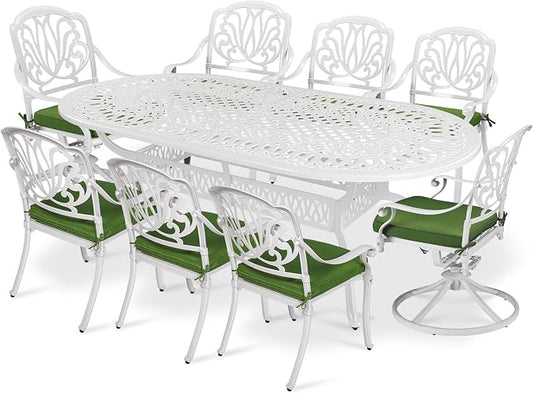 VIVIJASON 9-Piece Outdoor Furniture Dining Set, All-Weather Cast Aluminum Patio Conversation Set Include 6 Stationary Chairs, 2 Swivel Dining Chairs, Oval Table with Umbrella Hole(White/Green Cushion