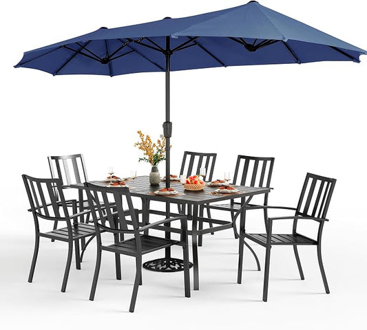 PHI VILLA 7 Pcs Patio Dining Set w/Umbrella, 6 Stackable Chairs | 60” Rectangular Metal Dining Table & 6 Stackable Metal Chairs & 13ft Large Navy Umbrella for Outdoor, Deck, Yard, Porch