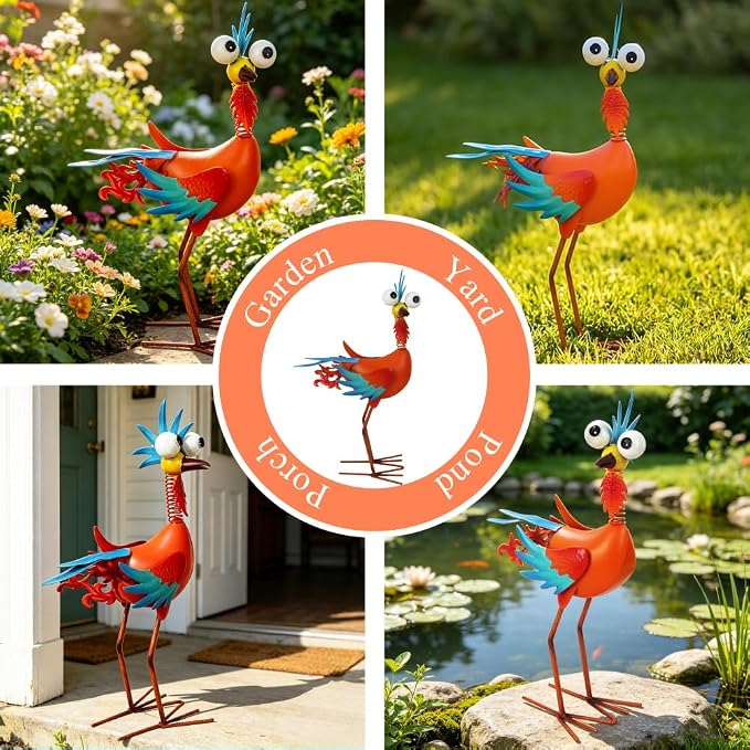 Metal Wacky Rooster Garden Statue for Patio, Backyard, Lawn | 17.9'' Rooster Decor, Yard Statue Decorations Outdoor, Chicken Yard Art, Orange & Cyan