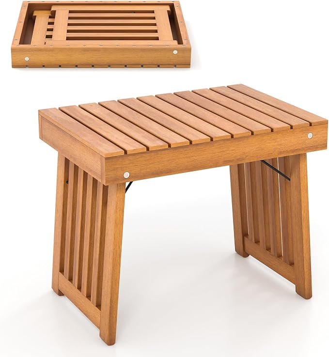 HAPPYGRILL Outdoor Folding Side Table Set of 2, Foldable Patio Acacia Wood End Table with Slatted Tabletop & Leg Frame, Small Outside Table for Backyard Poolside Porch (Teak Finish)