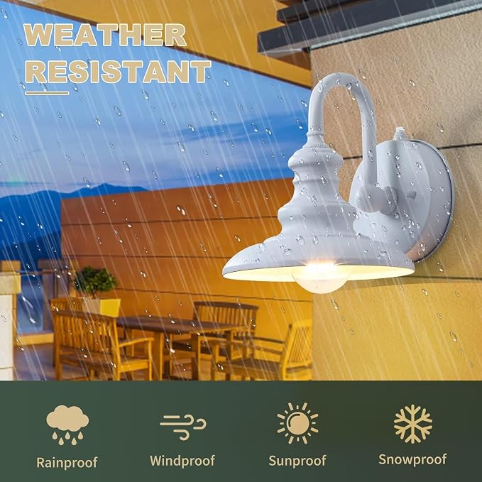 Dusk to Dawn Sensor Outdoor Gooseneck Barn Light Fixture White | Exterior Wall Sconce Lighting Waterproof Outside Porch Lantern Rustic Wall Mount Lamp for House Garage Farmhouse