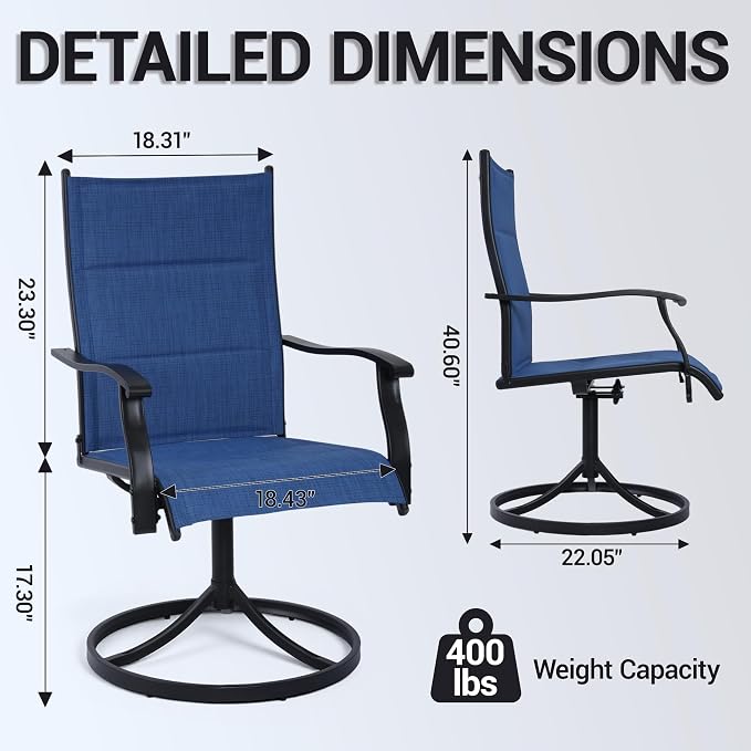 Patio Swivel Rocker Chairs Set of 2,Outdoor Dining Chairs High Back,15° Gentle Rocking Patio Chair with Padded Textilene, Metal Frame for Poolside Lawn Garden,Blue(2 PCS)