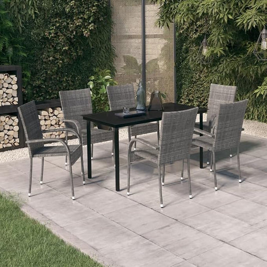 7 Piece Patio Dining Set Gray and Black Outdoor Rattan Table and Chairs with Cushioned Seat for Dining Lounge Garden Backyard