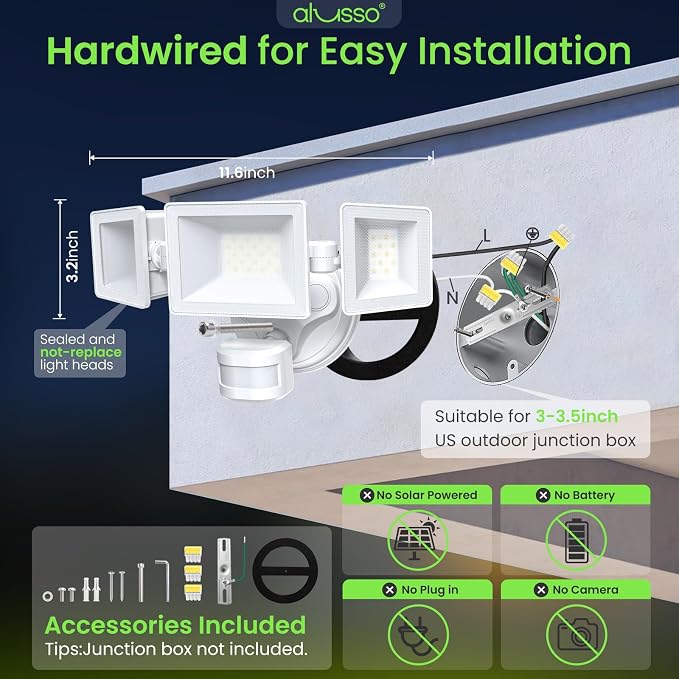 ALUSSO Motion Sensor Outdoor Lights Hardwired(Not Solar),40W 4500LM Flood Lights Outdoor 120V,3 Modes(Dusk to Dawn/Auto/On Time), 3CCT 3000K/4000K/6500K Security Light for Garage Yard Porch,White,ETL