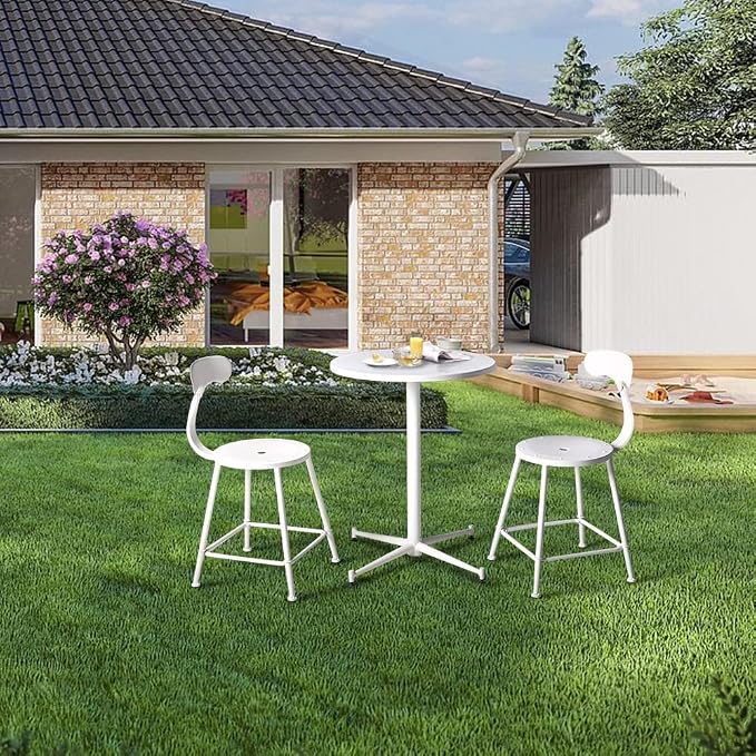 LOKKHAN Premium Steel Patio Backyard Dining Table, Indoor-Outdoor Garden Cafe Bar Table, Heavy Duty Round Metal Side Table, White, Waterproof, (27.56" Diax29.5 H)