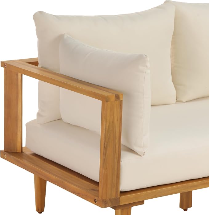Christopher Knight Home Flynn Acacia Wood Patio Furniture Set, 6-Seater L-Shaped Sectional Sofa Set and Small Coffee Table, Outdoor Conversation Set for Backyard Poolside Balcony, Natural+Beige