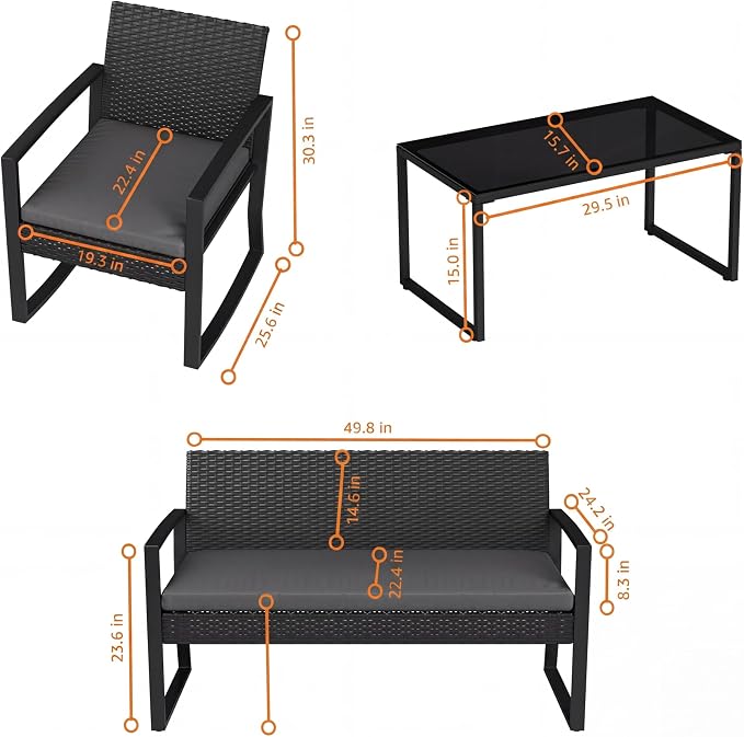IDEALHOUSE Outside Patio Furniture Set, 4 Piece Outdoor Wicker Rocking Chair Conversation Set with Glass Coffee Table, PE Rattan Patio Furniture for Backyard, Porch, Patio, Poolside
